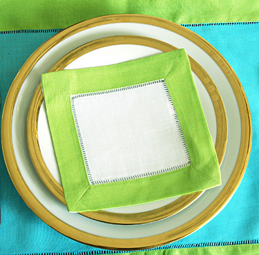 White Hemstitch Cocktail Napkin with Lime Punch border